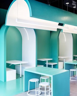 and Pizza - Bradlee Alexandria VA interior tables, arc booths, hanging light shroud