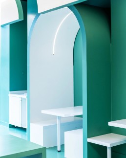 and Pizza - Bradlee Alexandria VA interior tables, arc booths, hanging light shroud